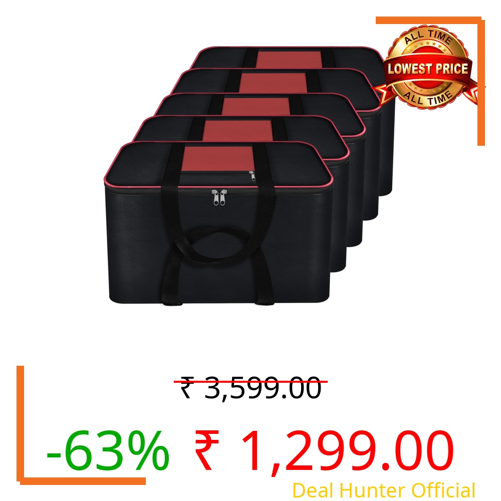 Storite 5 Pack Nylon Big Moisture Proof Underbed Storage Bag For Clothes Large,Blankets Quilt & Saree Storage Box (54 x 46 x 28 cm) - Black Rectangular