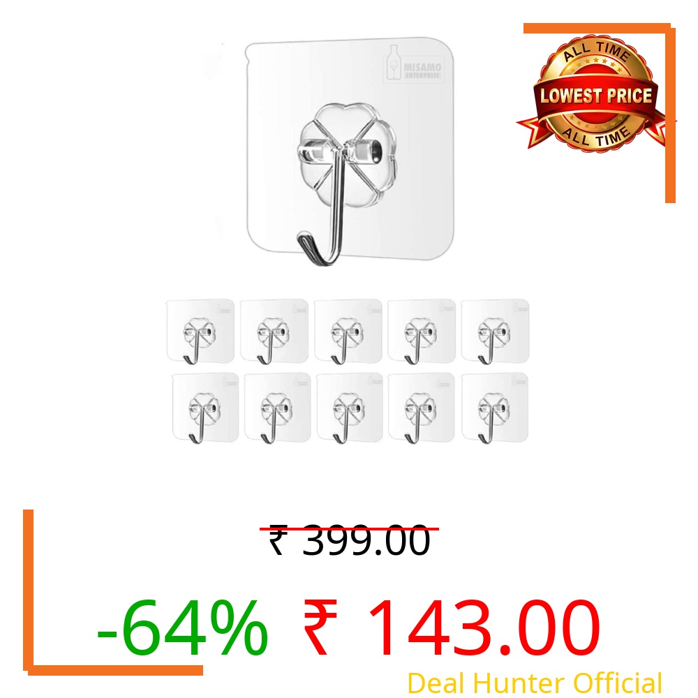 Misamo Enterprise PVC Wall Hooks for Bathroom Accessories Without Drill, Pack of 10, Transparent