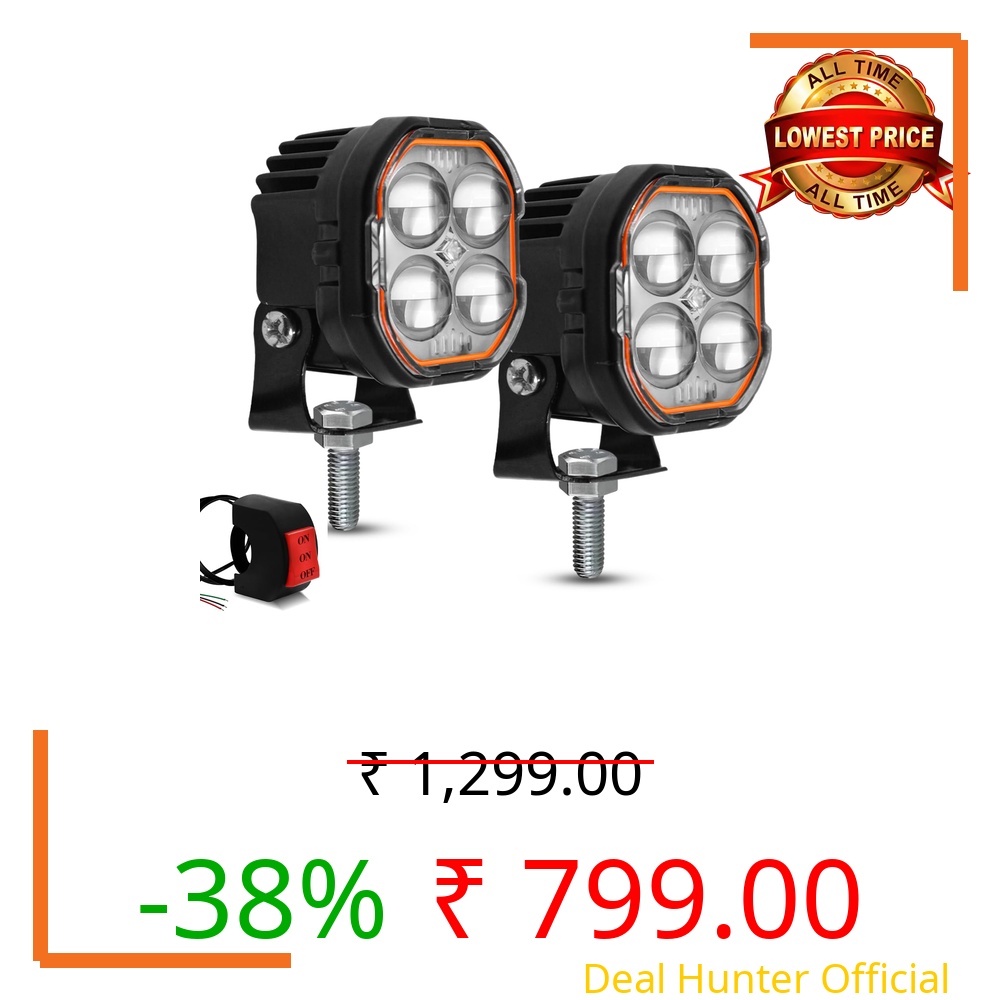 FABTEC 4 Led Mini Drive Fog Light Projector Light with White/Yellow + Flasher Led DRL Pods Light wtih Devil Red Eye for Cars, Bikes, Scooty, Metal Body, Set of 2 Pcs