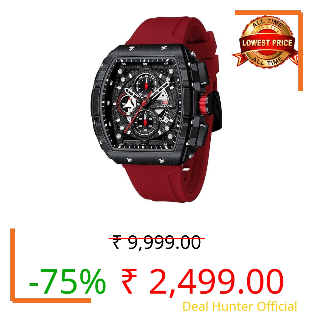 Mini Focus Unique Men Tonneau Watch Waterproof Casual Watch Super Luminous Silicon Band Fashion Cool Wrist Watch (Red-Black)…