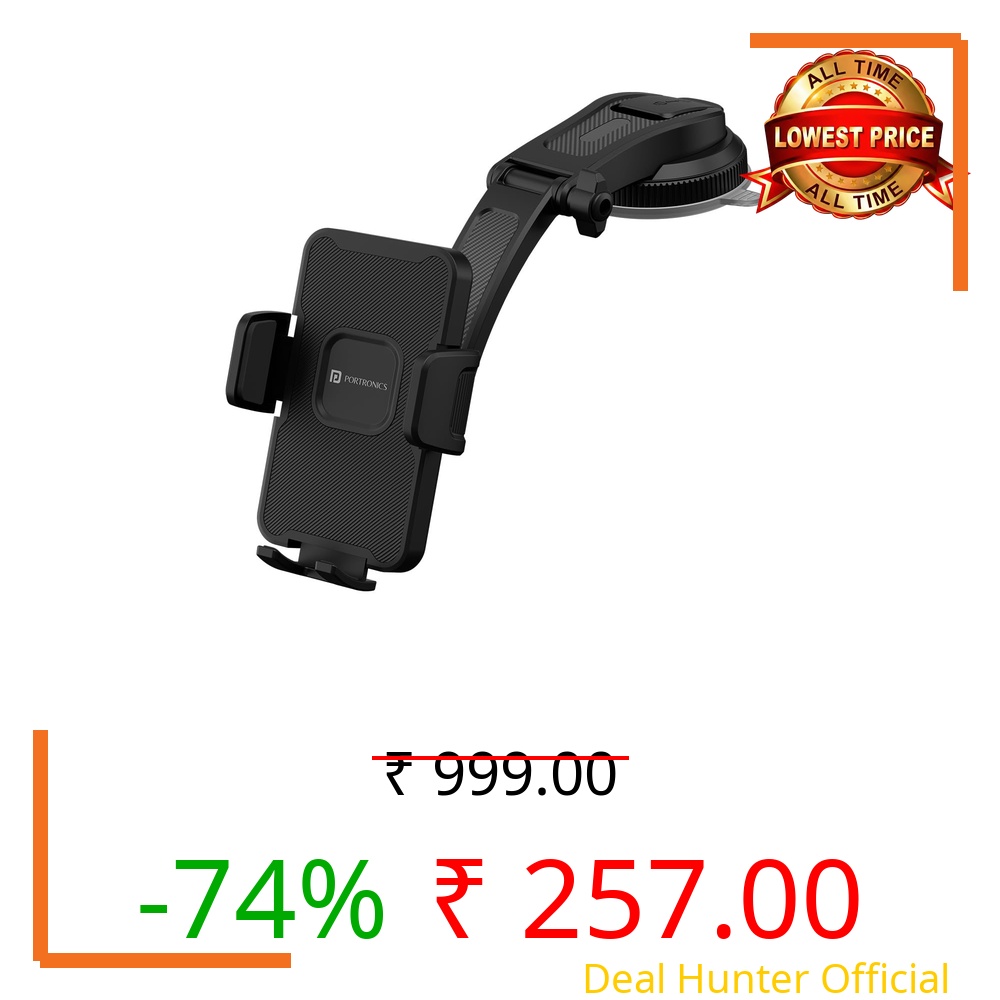 Portronics Clamp M5 Car Phone Holder Stand with Grip Rotation, Strong Hold, Suction Cup Mount, Single Hand Use, Shockproof Build, Mobile Stand for Car (Black)