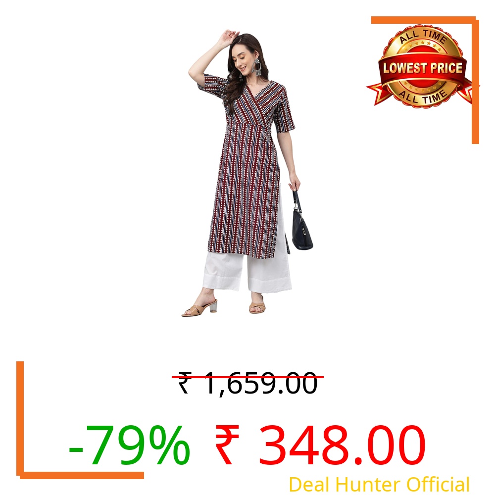 Janasya Women's Maroon Pure Cotton Geometric Printed Straight Kurta (JAC24KR01685-M)