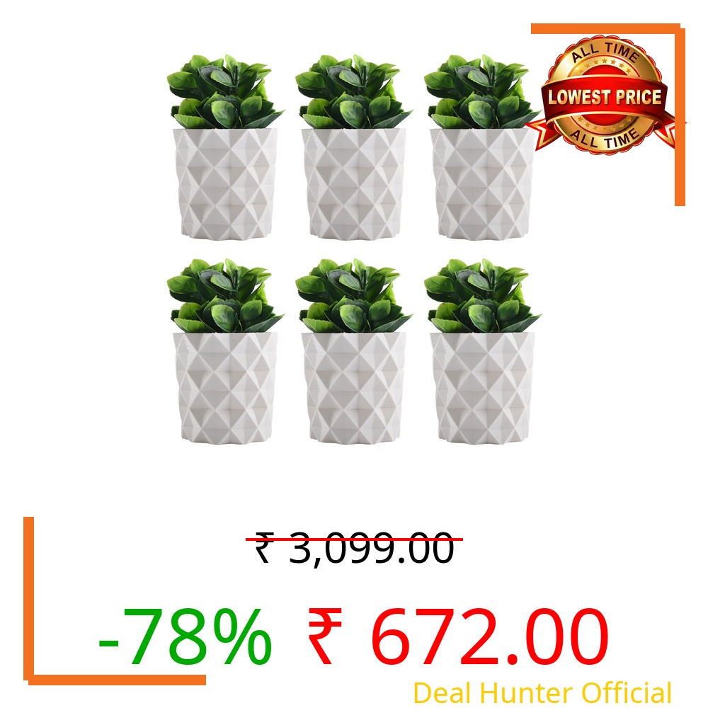 Kuber Industries 6 Pcs Set Plastic Mini Artificial Plants with Pot | Table Top & TV Unit Decorative Items for Living Room | Faux Plants for Home Decor & Office Desk | 9001 Diamond - White