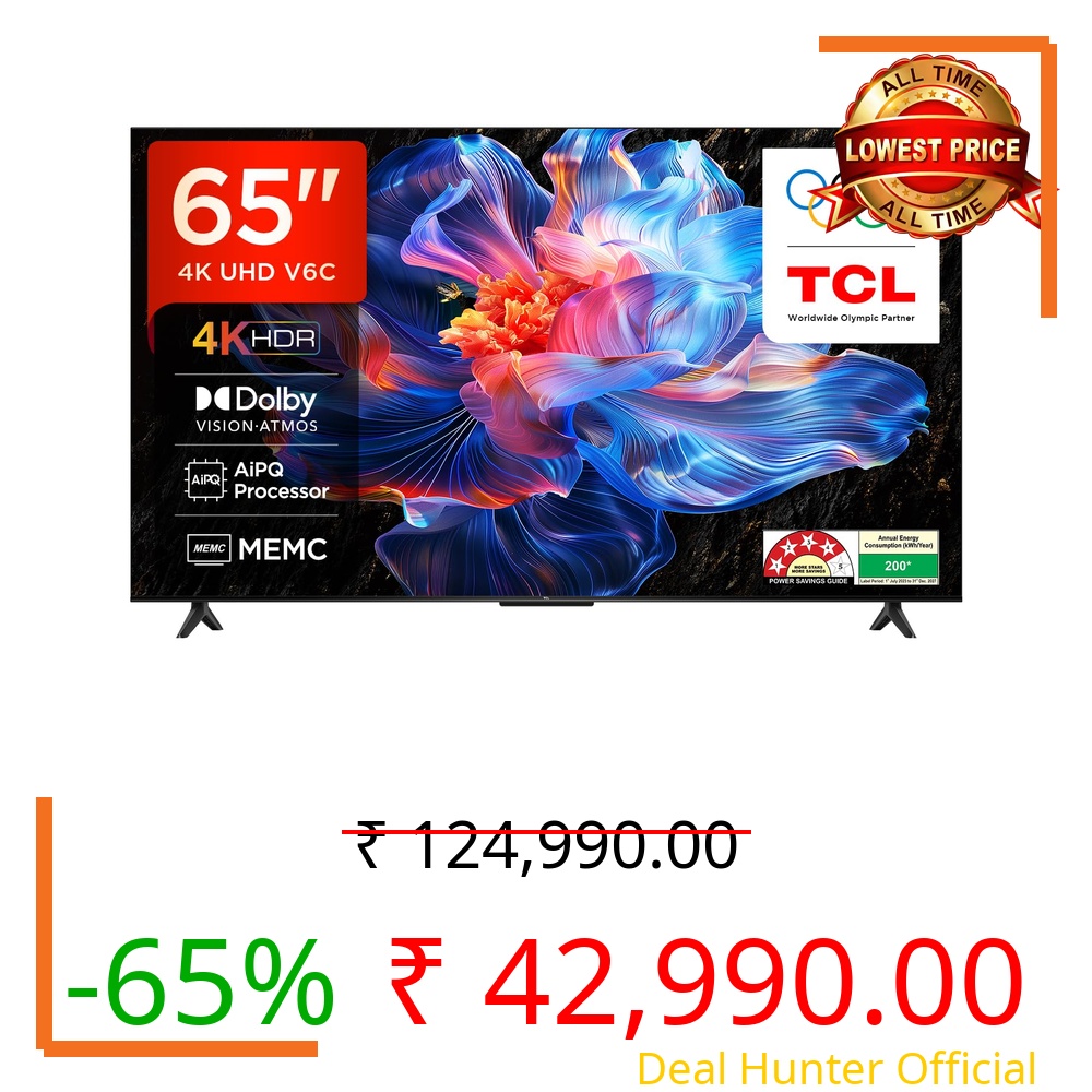 TCL 164 cm (65 inches) Metallic Bezel Less Series 4K Ultra HD Smart LED Google TV 65V6C (Black)