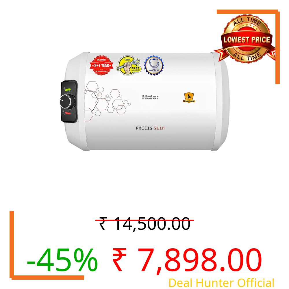 Haier Precis Slim Horizontal Geyser 15 Ltr (Left)| Water Heater 15 litre with Pipe| Free Installation| Shock Proof| Saves electricity| Incoloy 800 Element| 7-Yr Tank 3-Yr Product Warranty
