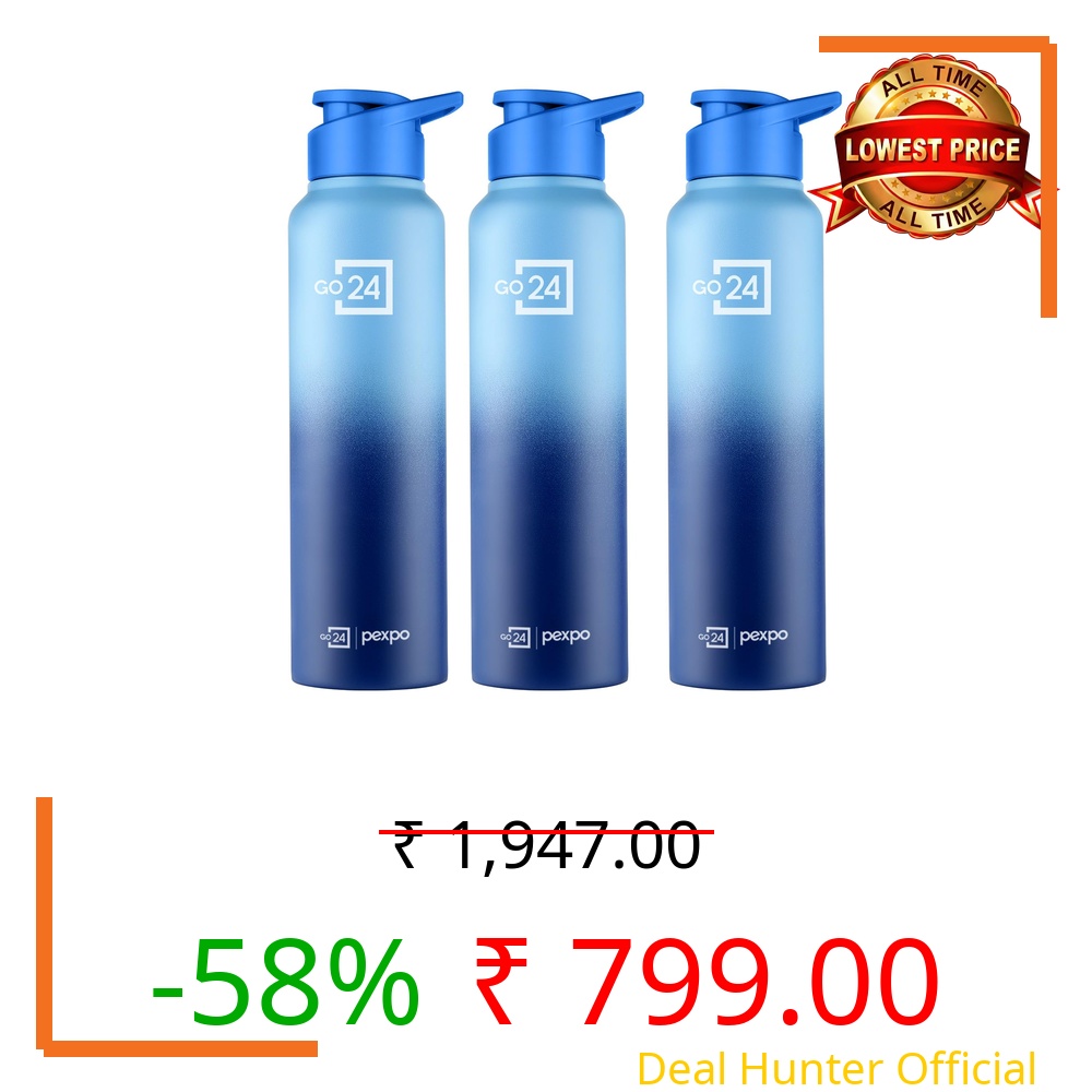 PEXPO Water Bottle 1 ltr Stainless Steel Sports/Fridge Bottle with Sipper Cap (Pack of 3)| Single Wall | For Home, Office, Gym, Travelling | Lightweight | Craft Pro 950ml | Blue-Denim Blue Ombre