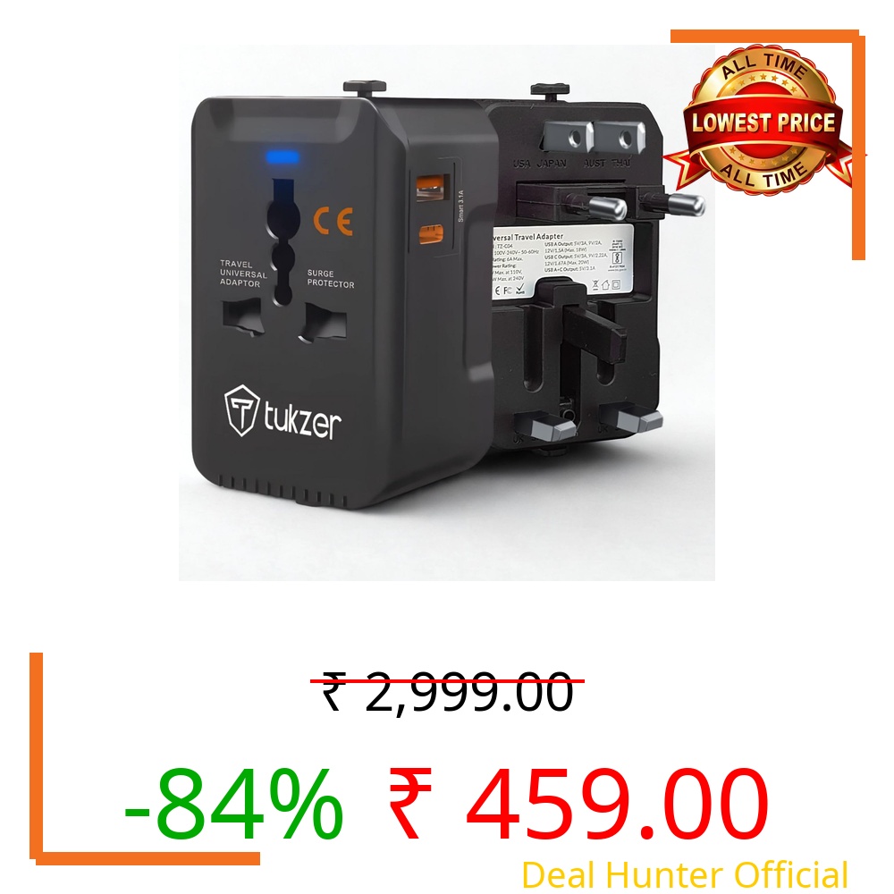 Tukzer Universal Travel Adapter with 20W Type C PD & 18W USB-A Output Port, Universal Plug Socket, All in One International Travel Fast Charging Adapter for Laptop/MacBook & Mobile Charging- Black