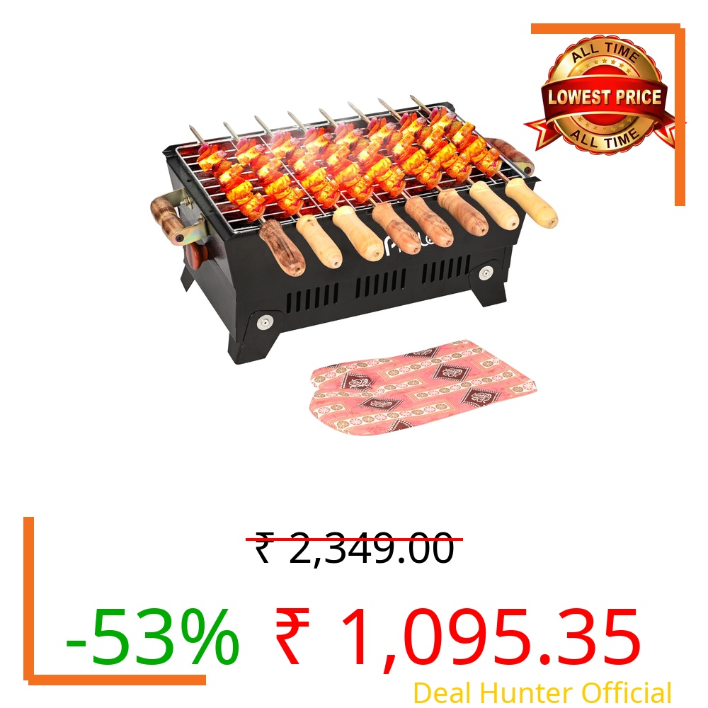 Pivalo Charcoal Barbeque Grill Set | Tandoori BBQ for Home & Outdoor Use | 4 Piece Combo | 4 Skewers | 1 Glove | 1 Tong | Foldable Standing BBQ for Camping, Picnic & Travel Cooking (Pack of 1, Black)