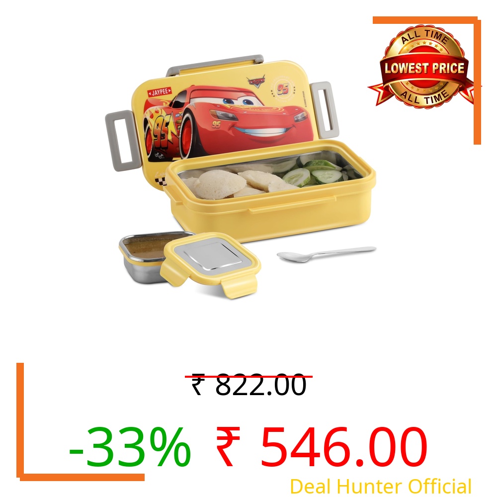 JAYPEE Maxteel Jr Disney Car 95 Stainless Steel Insulated Lunch Box for School Kids|Airtight Leakproof Tiffin Box|Food Grade|BPA Free, 620+150 ml, Yellow