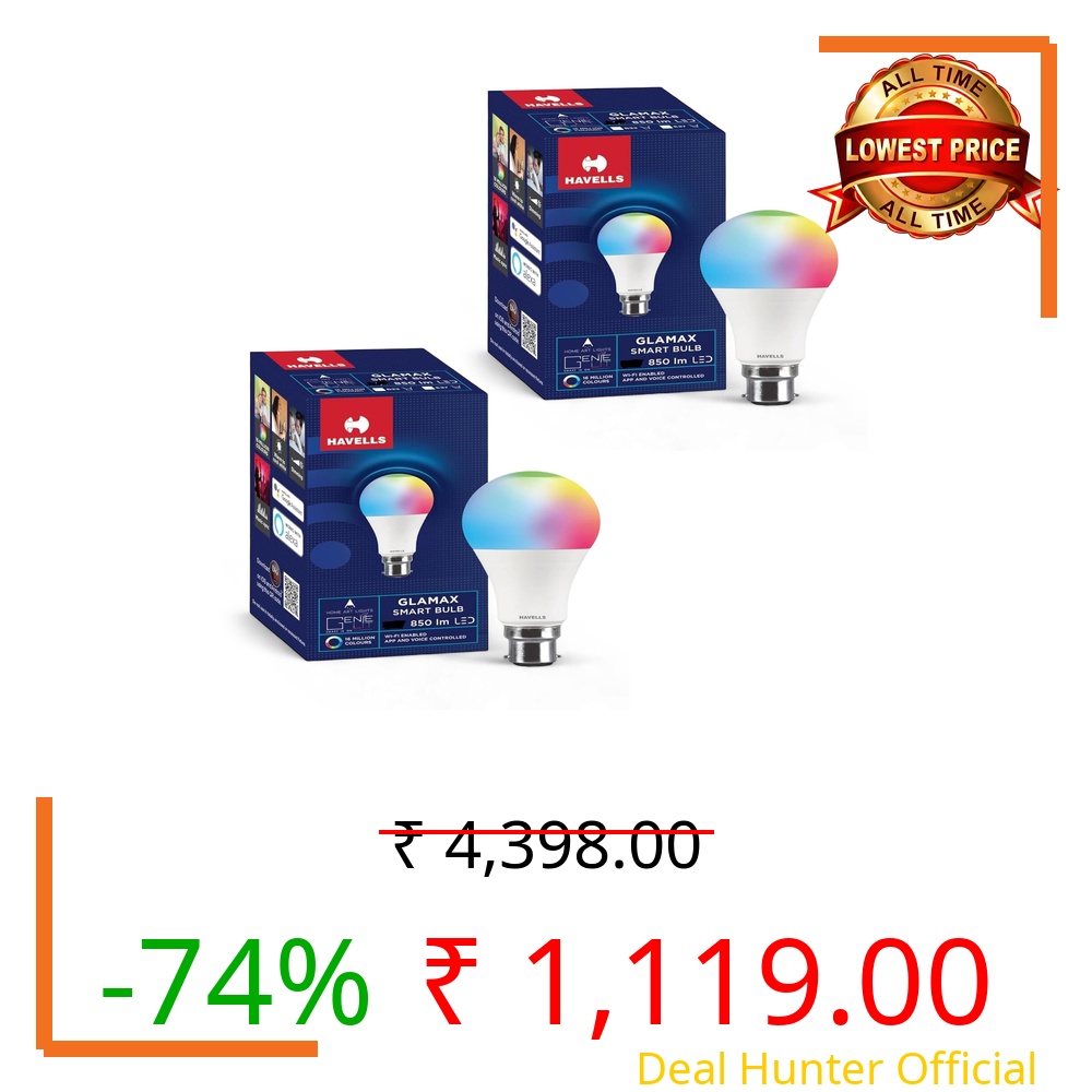 Havells Glamax 12W B22 WiFi LED Smart Bulb with Music Sync Function, Compatible with Amazon Alexa and Google Assistant (16M Colours) (Pack of 2)
