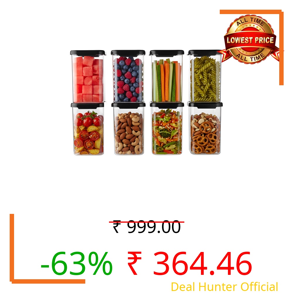 AQUAWARE Plastic Airtight Containers Set For Kitchen Storage And Containers Box For Pantry Organization And Container (1500ml, Black And Transparent) Set of 8