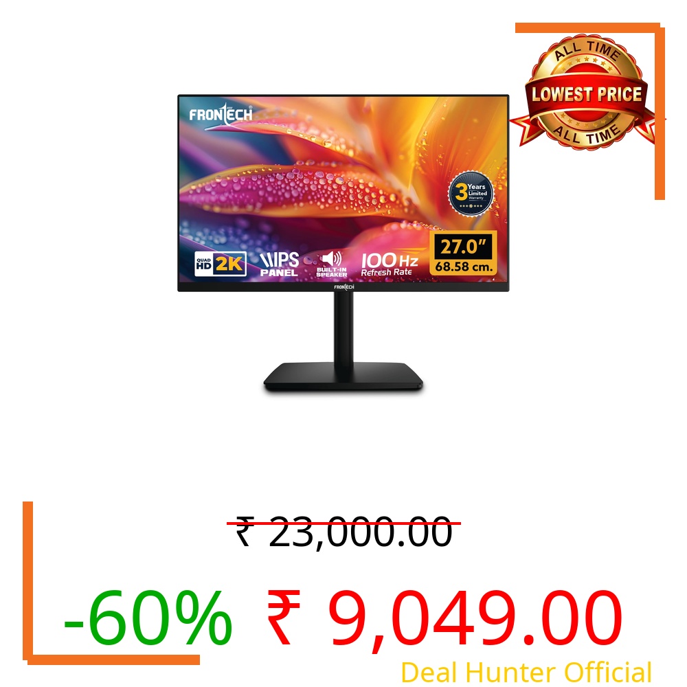 FRONTECH 27″ QHD 2K Gaming Monitor, IPS Panel, 100Hz Refresh Rate, FreeSync, Flicker Free, Low Blue Light, HDMI + DisplayPort, Built-in Speakers, 3-Year Warranty (MON-0052P)