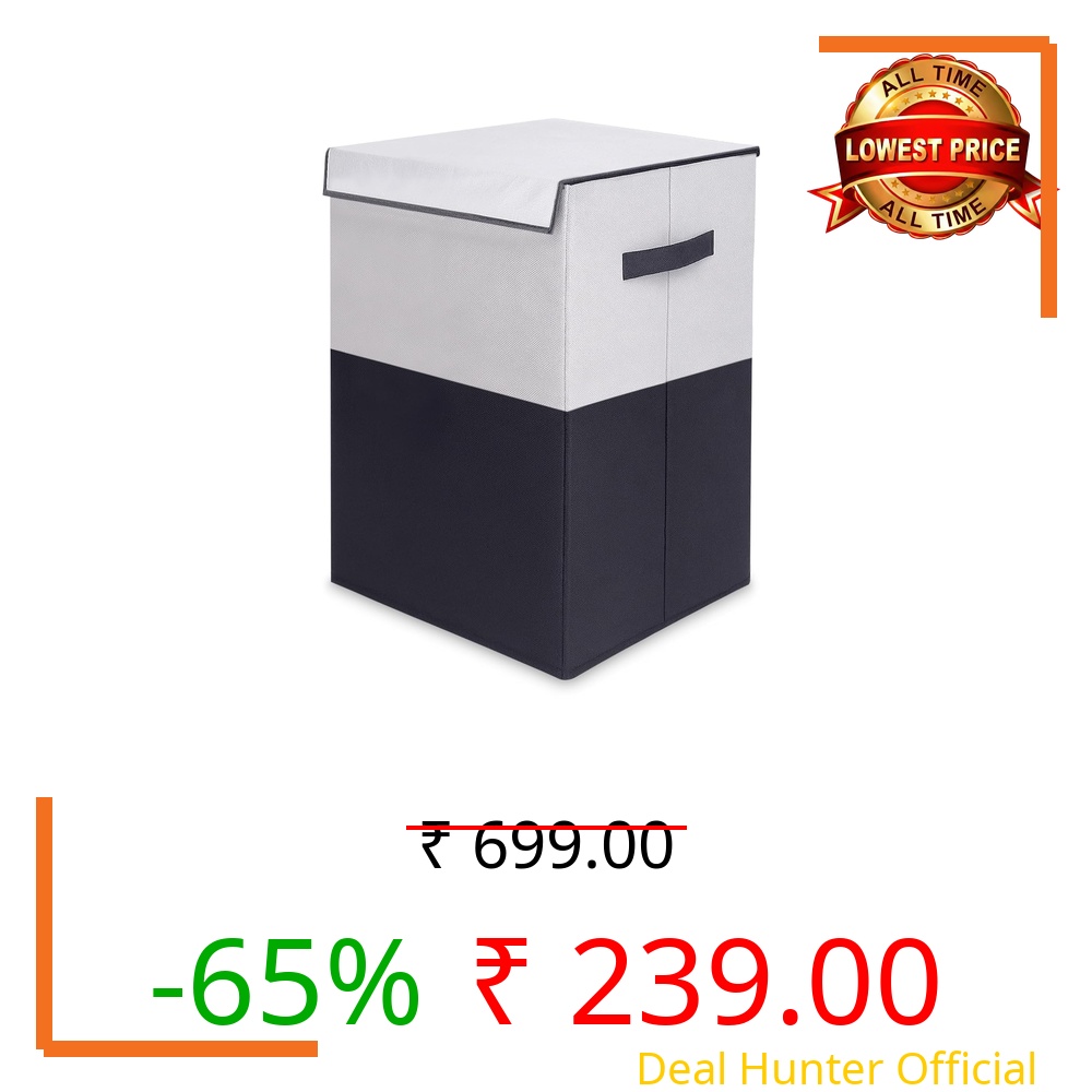 GLUN® 75L Laundry Basket for Clothes | Large Capacity Non-Woven Laundry Bin with Lid & Handles | Freestanding Clothes Storage Organizer for Bedroom, Bathroom & Home (Grey & Black)