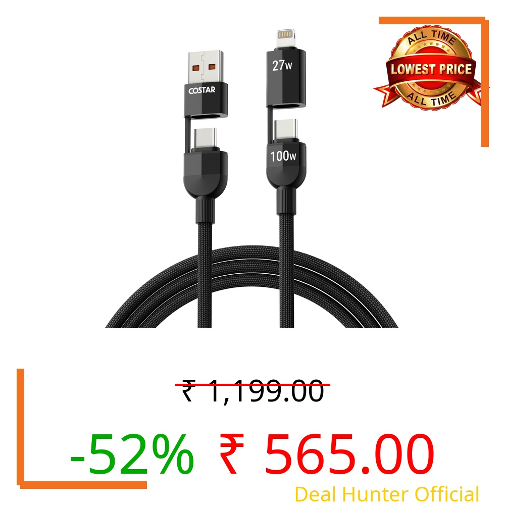 COSTAR 4-in-1 100W Charging Cable|USB-A,Type-C,Fast Charging,480Mbps Data Transfer,Data Sync|Compatible with Android & iOS Smartphones,Tablet/Ipads & Macbook