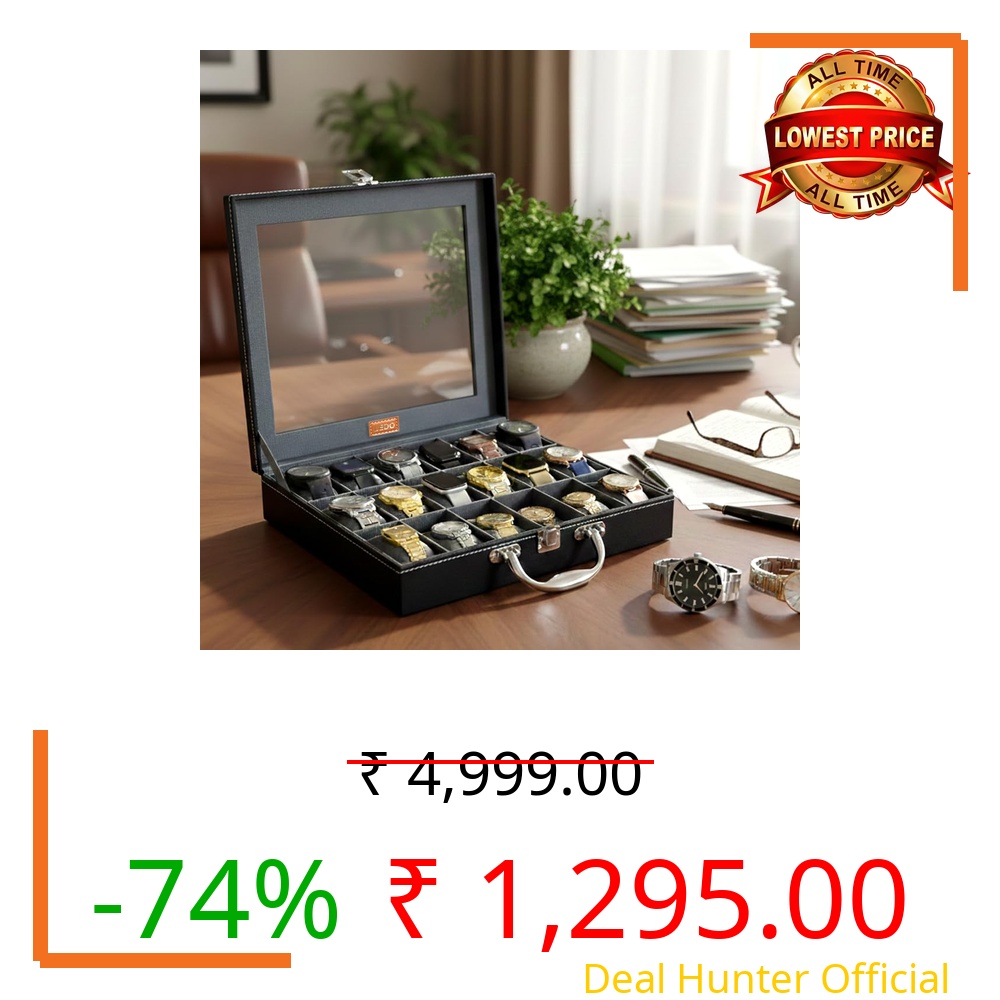 LEDO Men's and Women's Watch Box Holder Organizer Case In 18 Slots of watches In PU Leather with Black & Gray