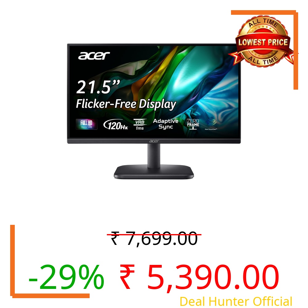 acer EK220Q J0 21.5 Inch Full HD VA Panel Monitor | 120Hz Refresh | 1ms VRB | AdaptiveSync | sRGB 99% | Flicker-Less & BlueLightShield | ZeroFrame | HDMI + VGA | Tilt Adjustable I Eye Care | Black