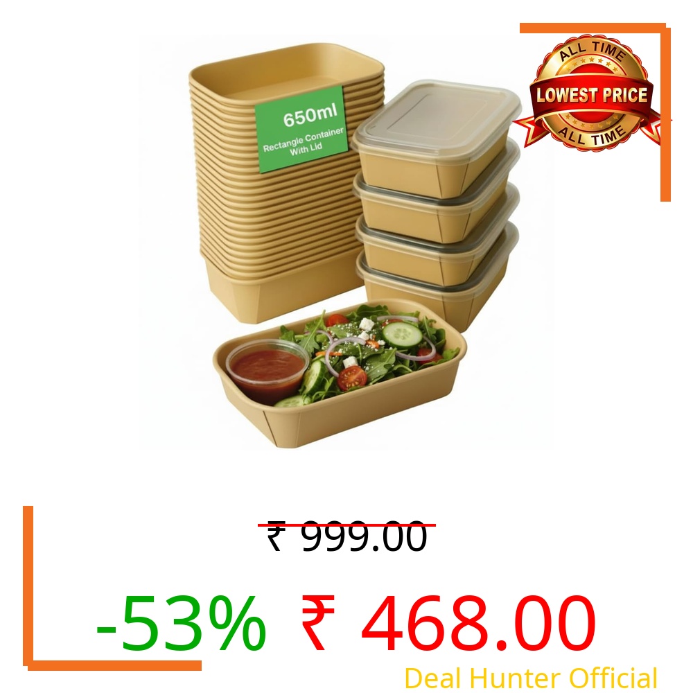 TABLECARE 25 Pack 650 ml Paper Disposable Containers For Food with Lids | Rectangular Meal Prep Containers & Take Out Box | Leak-Proof Food Storage Containers, Food Packing Box For Kitchen