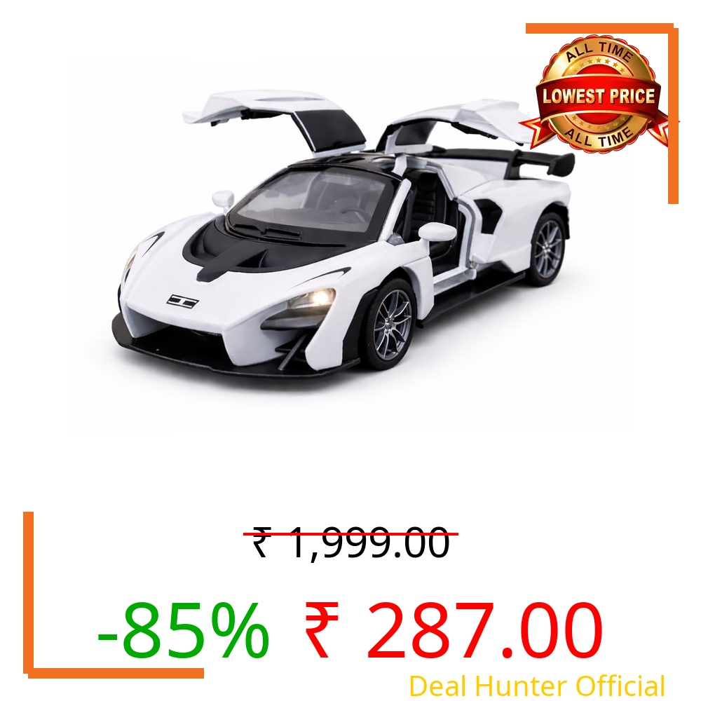 TEC TAVAKKAL 1:36 Scale Diecast Metal Toy Car with Openable Doors, Pull-Back Action, LED Lights & Music – Premium Mini Sports Car Model for Kids & Collectors (Mclaren Senna White)