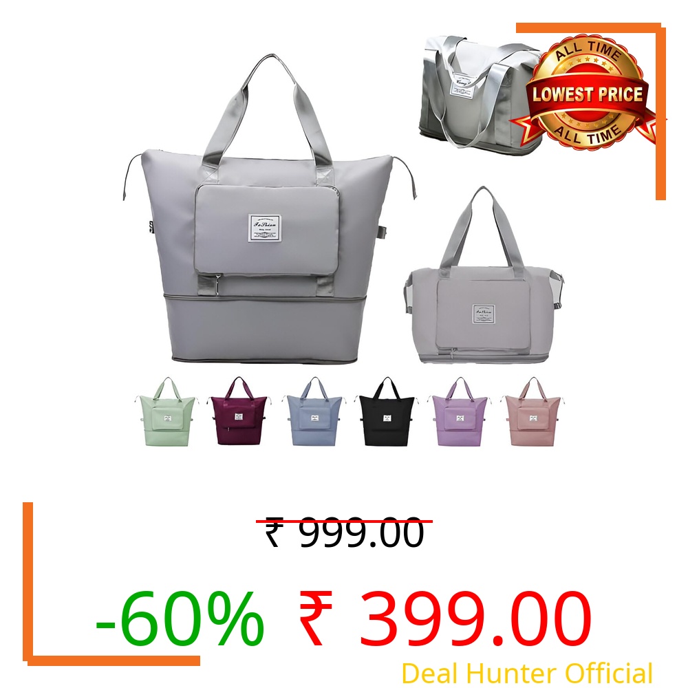 Etailista Foldable Travel Bag for Women & Men - Expandable Large Capacity Waterproof Duffle Handbag with Shoe Compartment, Lightweight Multipurpose Luggage Tote Bag (Normal, Grey)