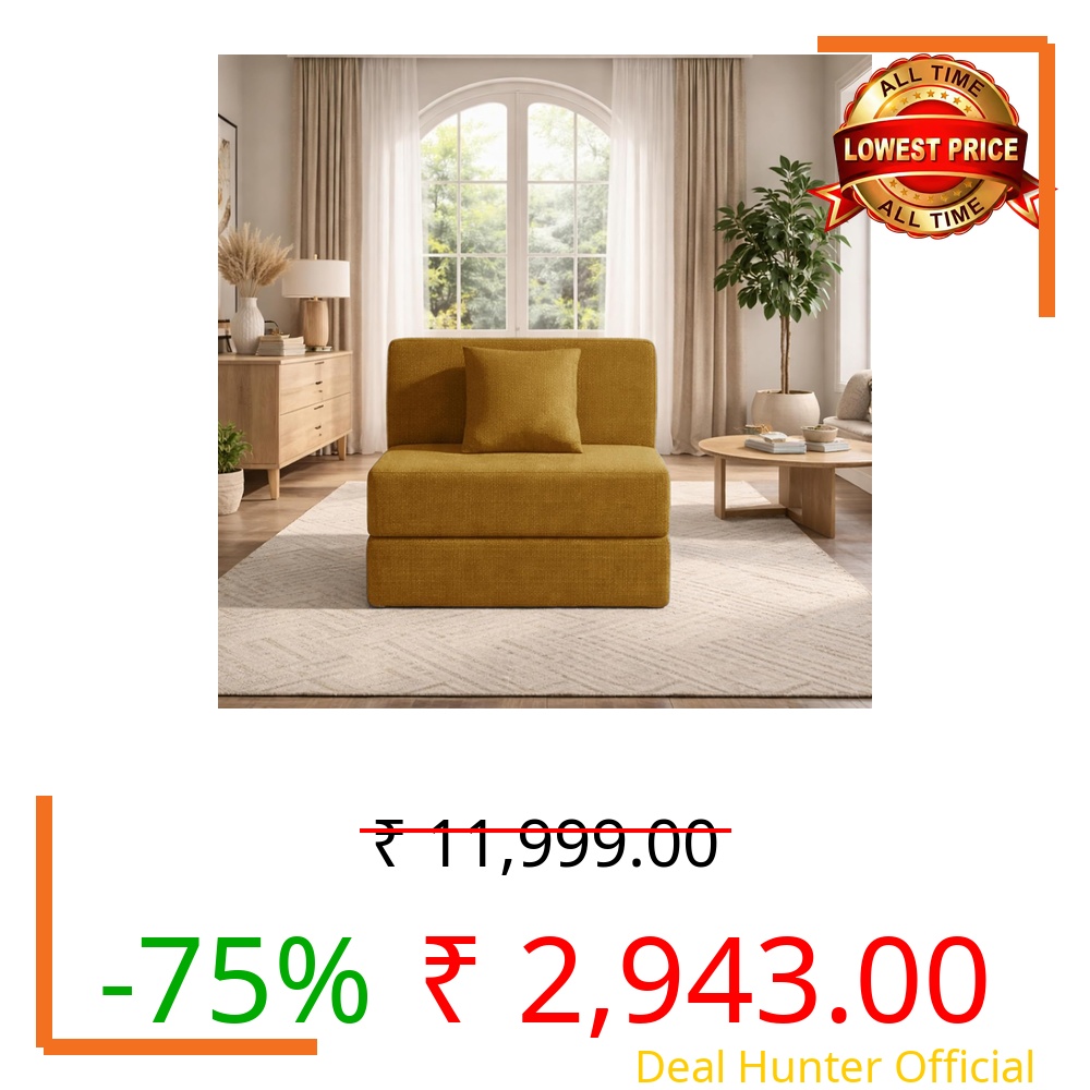 DIVISHA HOMES Modern Jute Fabric Sofa Cum Bed with Cushion | 1-Seater Convertible Sleeper Sofa | Space Saving Folding Couch for Living Room, Bedroom & Guest Room-Golden